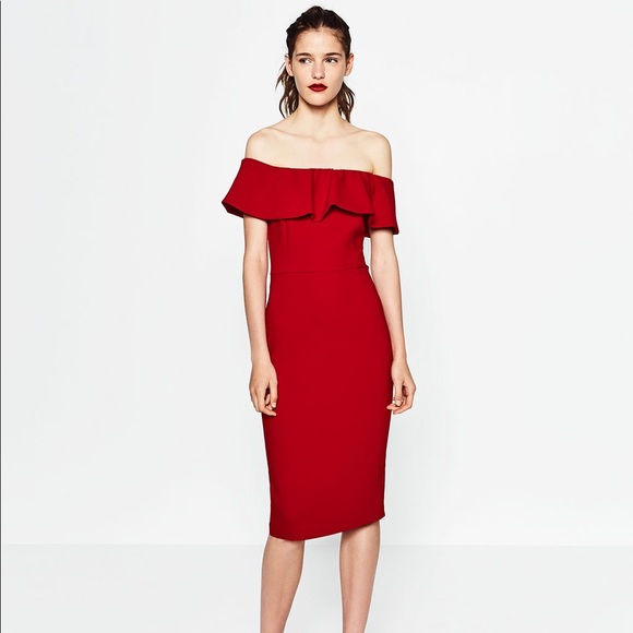 Zara Off the shoulder elegant red midi dress - Picture 3 of 8